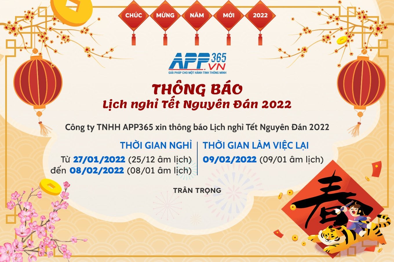 APP365 - Thông báo lịch nghỉ Tết Nguyên Đán năm Nhâm Dần 2022