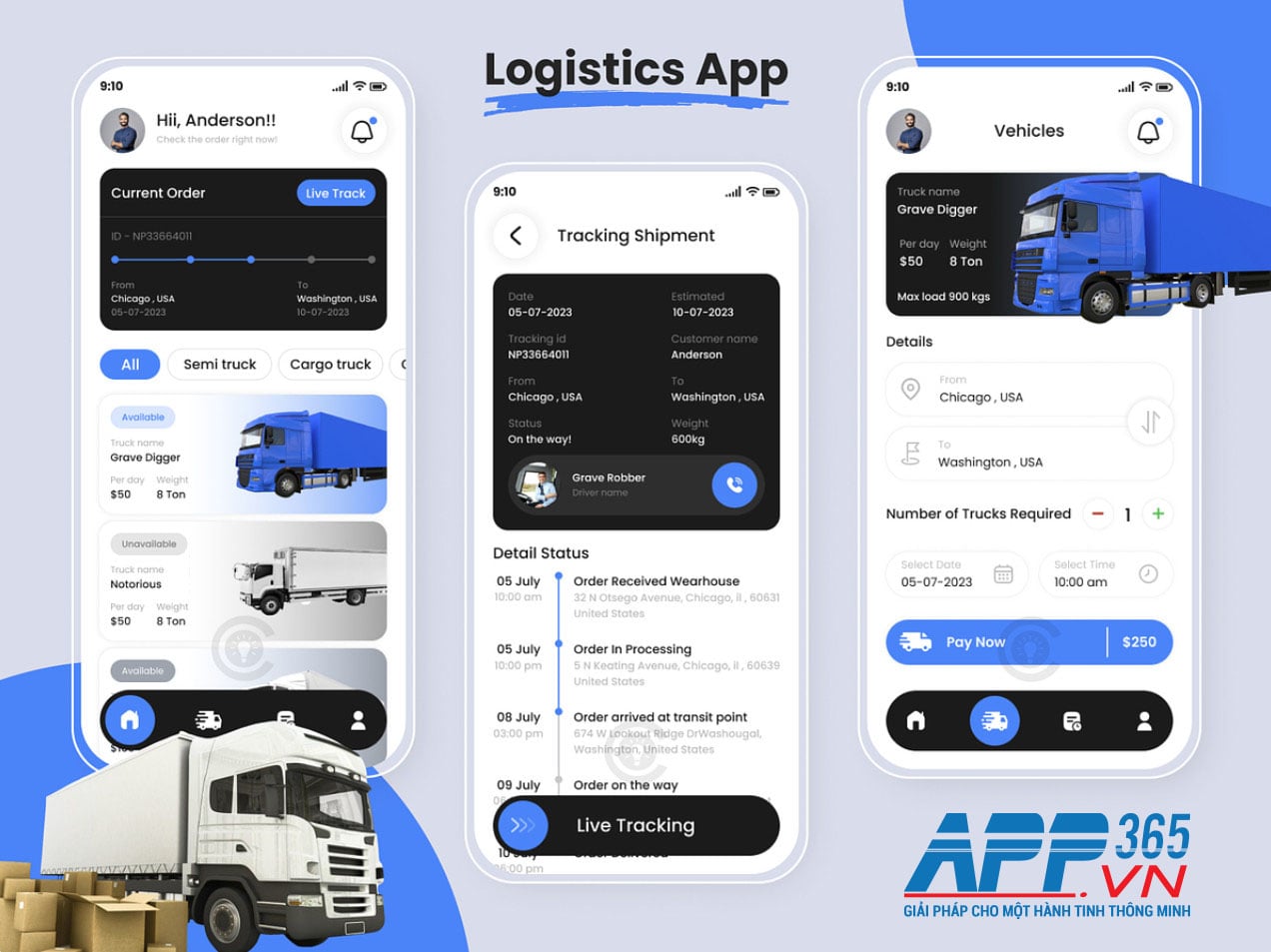 Giao diện chính của - Thiết kế App Mobile vận tải logistics tại Hải Phòng - APP365